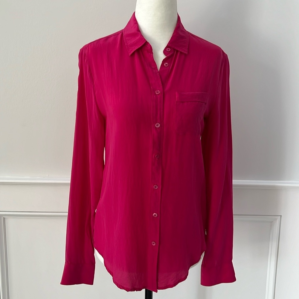 Vintage 100% Silk Fuchsia Button Down Blouse Y2K